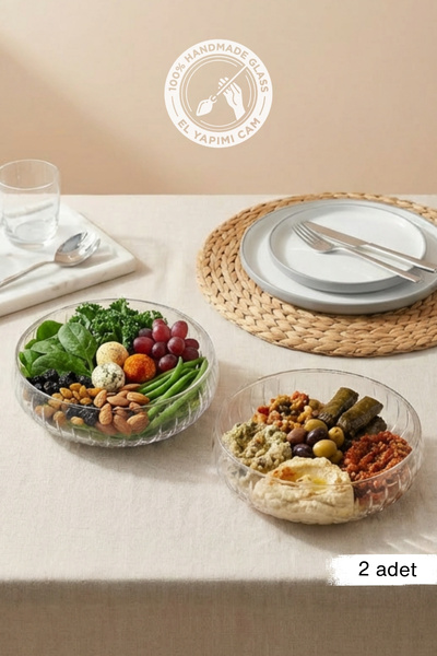 Glamis Selen Concept El Yapımı Büyük Boy Cam Salata Kasesi 2'li Set
