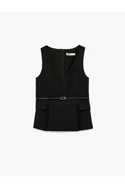 Koton Cep Detailed Belted Sleeveless V-Neck Blouse