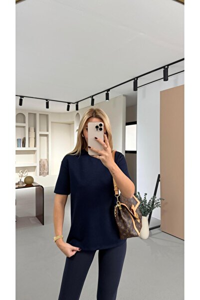 Sezgi Tekin Crew Neck Navy Blue Oversized Tok Modal Basic Tshirt