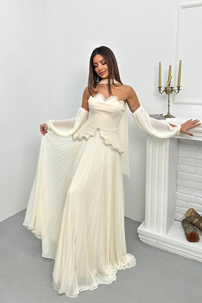 İyem Abiye Pliseli Balon Kol Ve Şallı Taş Detaylı Şık Tasarım Abiye Elbise Da...