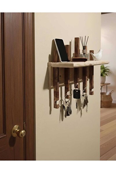 Atölye155 Masif Ahşap Anahtar Askısı ve Antre Rafı