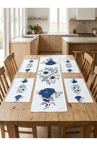tarzınısec Mavi Gül Desenli Runner & 4’lü Kare Supla Takım