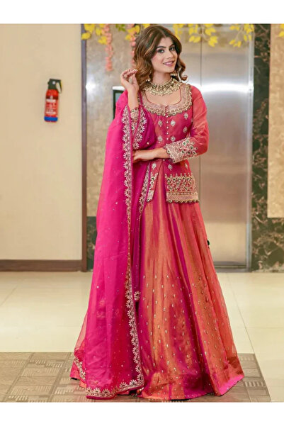 MYSMAR Pink Silk Choli Lehenga Set - HRT1615 | Pink