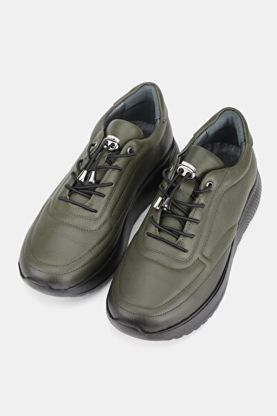 TUNAELLİ Women's Green Genuine Natural Leather Smart Lace-Up Orthopedic Shoes