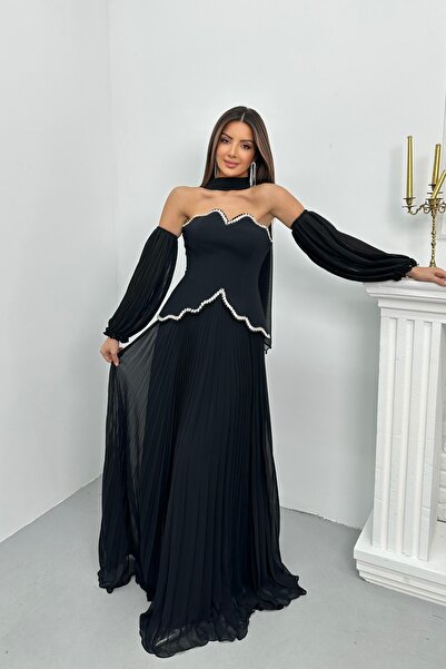 İyem Abiye Pliseli Balon Kol Ve Şallı Taş Detaylı Şık Tasarım Abiye Elbise Da...