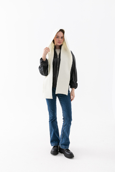 Wega Moda Hooded Thick Scarf Balaclava Women — Knitwear Hood Scarf |   Soft Textured Winter Accessory - Ecru