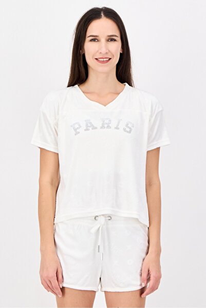 Paris Hilton Women 2 Piece Embellished Logo Short Sleeve Pyjama T-Shirt With ...