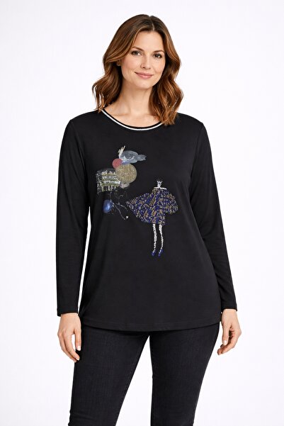 Şans Women's Plus Size Black, Stone and Print Detailed Blouse 65N39355