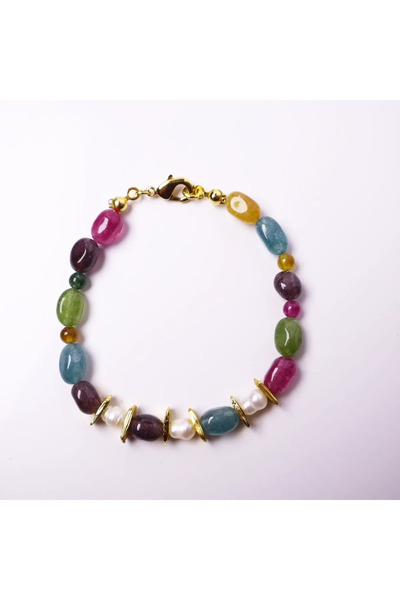 B Design jewelry حجر التورمالين قوس قزح &amp;   سوار من اللؤلؤ