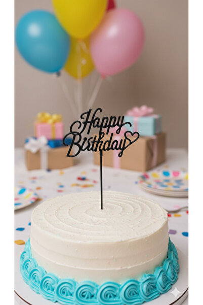NEWPARİ Pasta Üstü Happy Birthday Siyah Yazılı Pasta Süsü