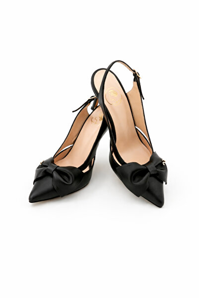 Vante Atelier Noire Handmade Hakiki Deri Siyah Fiyonklu Stiletto