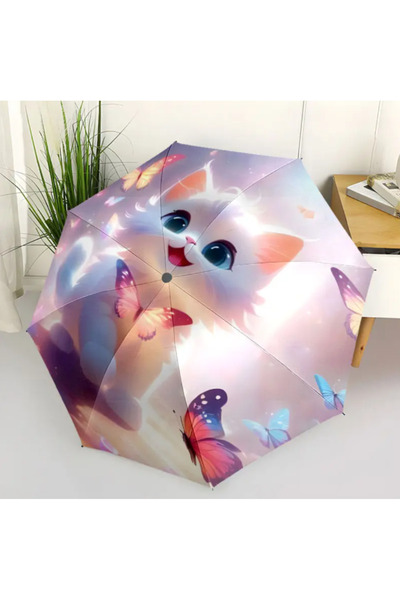 esdekor Renkli Sevimli Yavru Kedi Şemsiye Yüksek Kaliteli Katlanabilir Otomatik