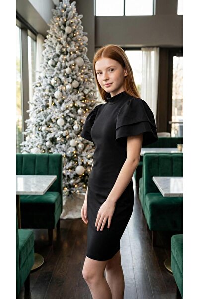 LOCO Kız Çocuk Kolları Volümlü Siyah Elbise