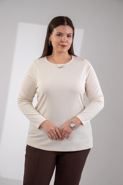Roxxlen Μπλούζα Κρεμ Πλεκτό Μπλούζα με Λαιμόκοψη Ποδηλάτου σε Μεγάλο Μέγεθος