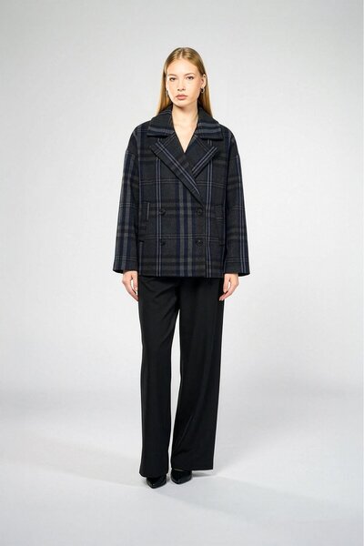 Thalure Women's Navy Blue Plaid Oversized Short Coat