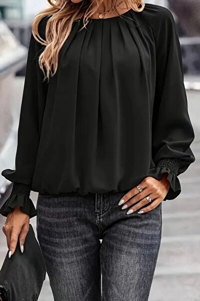 Deafox Black Round Neck Pleated Lantern Sleeve Crepe Fabric Blouse