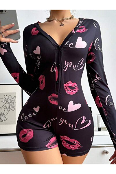ZEYCEN Women's Black Heart Detail Nightgown Jumpsuit