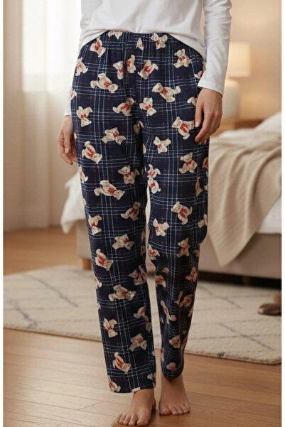 Erdenay Tekstil Silky Textured Suede Pajama Bottoms Navy Blue Plaid with Tedd...