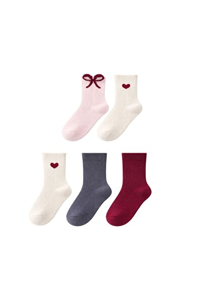 SOLDE SOCKS مجموعة من 5 جوارب قطنية يومية للأطفال/الرضع - نمط قلوب وفيونكات، ...