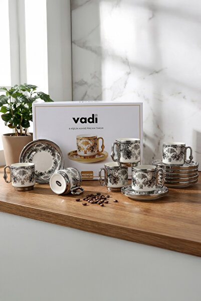 Vadi Silver Detailed Patterned Porcelain Coffee Cup Set for 6 People