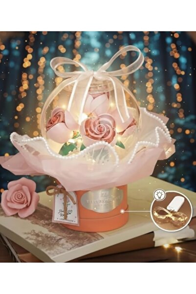 Loz 285 Parça Işıklı Pembe Gül Buketi Cam Fanus - Sevgiliye Özel Lego Tasarım...