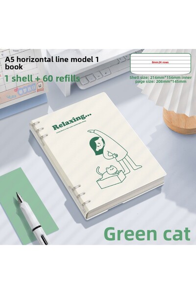 Choice Green Cat Notebook Loose-leaf 60 Sheets/120 Pages A5/B5 Loose-leaf Bin...
