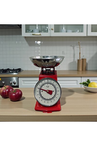 ELZEY HOME Retro Analog Mutfak Terazisi Kırmızı Gövde Gümüş Kase