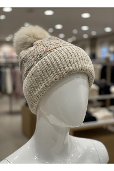 NO BRAND Kadın Bej Renkli Benekli Yumuşak Örgü Ponponlu Bere