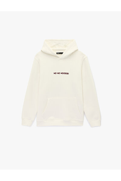 Koton Long Sleeve Kangaroo Pocket Fleece-Lined New Year Themed Embroidered Ho...