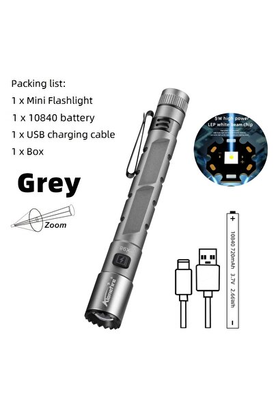 Choice X98-Grey Zoom Mini EDC High Bright LED Pen light Flashlight USB Rechar...