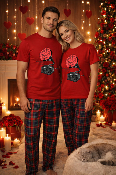 MVRDAR Couple's Pajama Set - T-shirt and Pajama Pants, Cotton, Valentine's an...