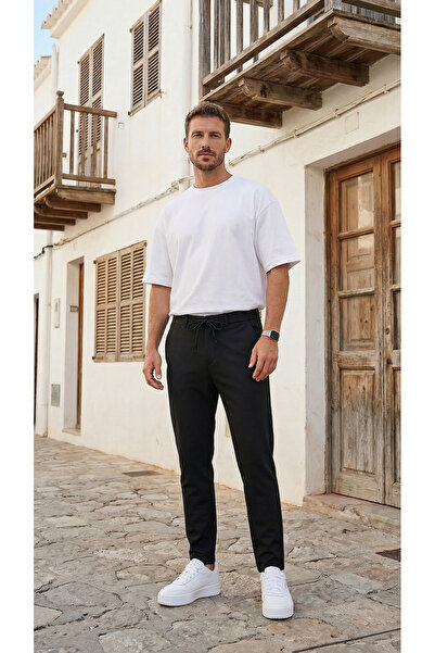 Etikmen Black Drawstring Easy Iron Easy Iron Jogger Men's Trousers