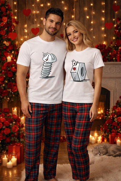 MVRDAR Couple's Pajama Set - T-shirt and Pajama Pants, Cotton, Valentine's an...
