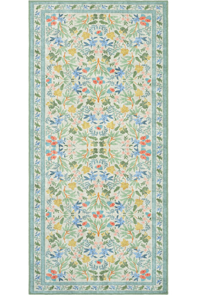 Cool Halı Florence Yeşil Krem Çiçekli Vintage Eskitme Otantik Yıkanabilir Lek...