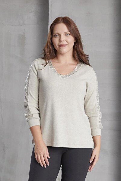 Lema Günay Kadın Büyük Beden Triko Lm78050 V Yaka Payet Detay