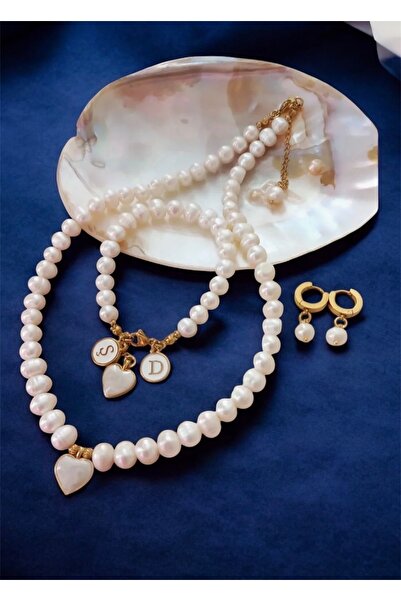 Taşmir Sertifikalı 8-9 mm Gerçek Inci Kolye Bileklik Küpe Set Kalp ve Harf Ch...