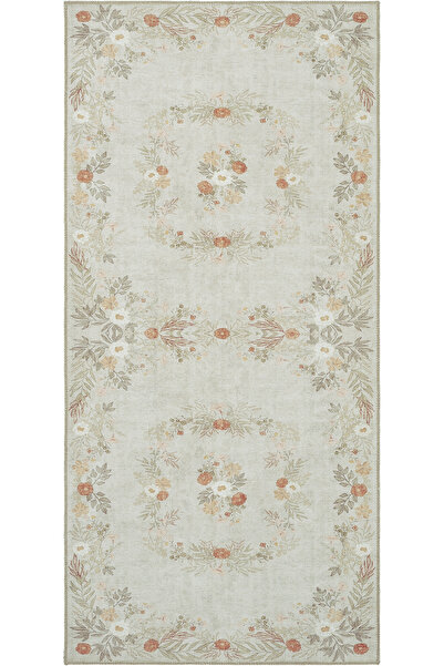 Cool Halı Florence Yeşil Krem Çiçekli Vintage Eskitme Otantik Yıkanabilir Lek...