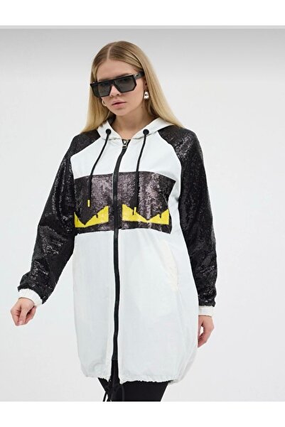 SEEMORE TEKSTİL Seemore kadın beyaz payet detaylı kapüşonlu günlük mont