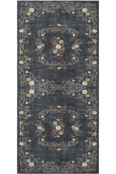 Cool Halı Florence Siyah Kahverengi Çiçekli Eskitme Otantik Yıkanabilir Leke ...