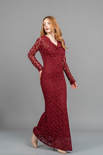 MissVina Degaje Yaka Güpür Detailed Lined Tulle Slim Long Dress – 50365