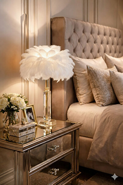 akdenizhome Kristal Gövdeli Lüks Tüylü Abajur (50 cm)