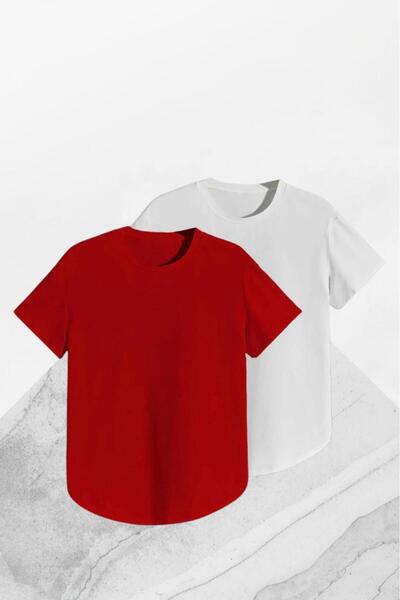 NO 601 Unisex Red-White Plain 2-Piece Basic S Slim Fit Oval Cut Crew Neck T-S...