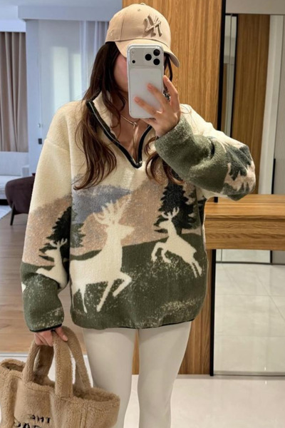 sunfyre Women Oversized Patterned Half Zipper Faux Wool Sweatshirt.Sun249