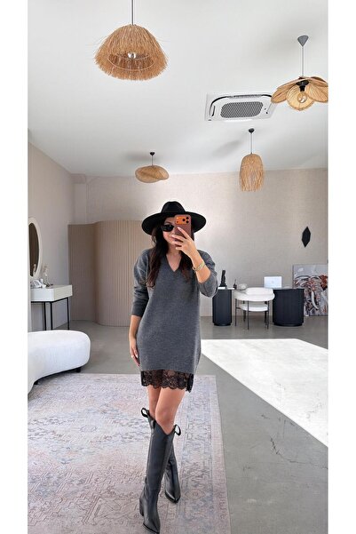 Buket Teke Anthracite Lace Sweater Dress