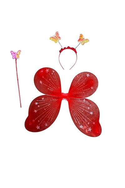 OEM Aripi de Zana, Fluture Copii, 44X35 cm, Rosii cu Sclipici, Bagheta, Coronita