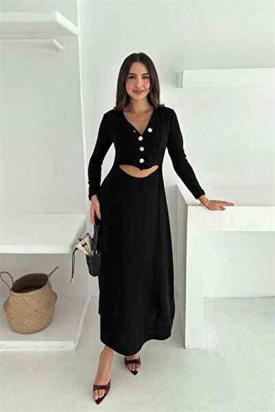 Neşeli Butik Women's Black V-Neck Button Detail Waist Low-Cut Midi Length Dre...