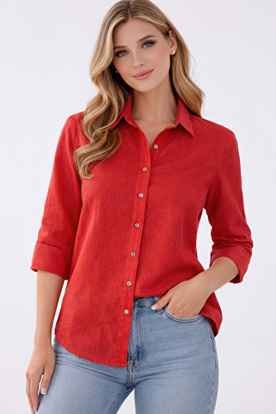 ASMİN Kadın Kırmızı %100 Keten Klasik Uzun Kollu Regular Fit Yaka Basic Gömlek