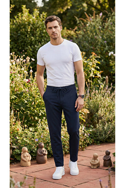 Etikmen Navy Blue Drawstring Easy Iron Jogger Men's Trousers