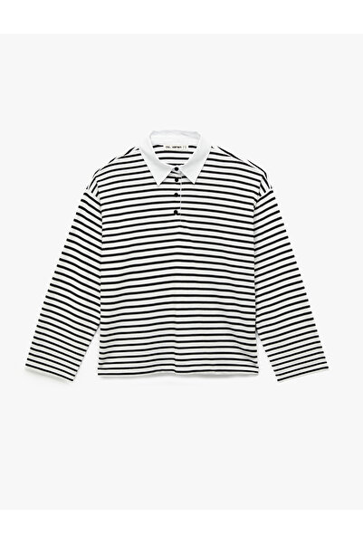 Koton Tricou cu mânecă lungă, cu nasturi, guler polo, cu dungi supradimensionat