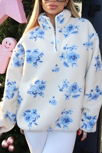 sunfyre Women Oversized Patterned Half Zipper Faux Wool Sweatshirt.Sun249